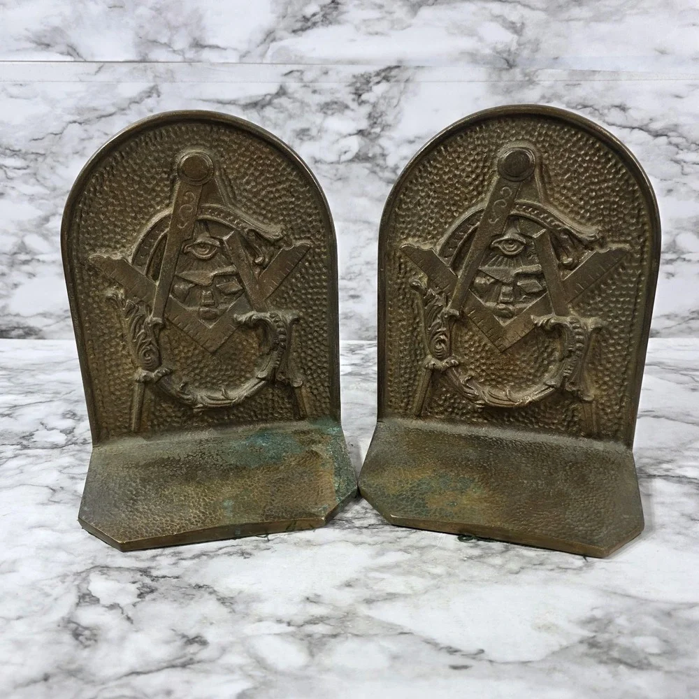 Vtg Masonic Brass Copper? Bookends Square And Compasses Pair Freemason Eye
